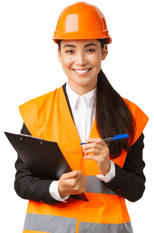 confident-smiling-female-asian-construction-engineer-industrial-woman-safety-helmet-visit-building-area-inspection-writing-down-notes-clipboard-looking-satisfied-white-background